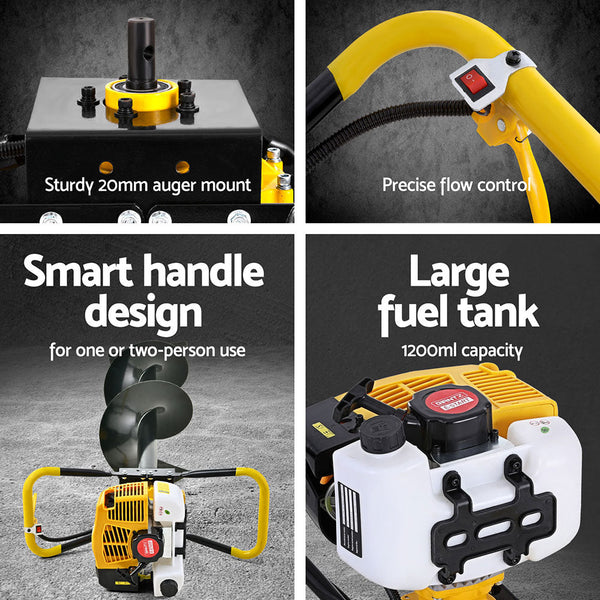 Giantz 74CC Post Hole Digger Petrol Motor Drill Extension Auger Bits Kits Giantz