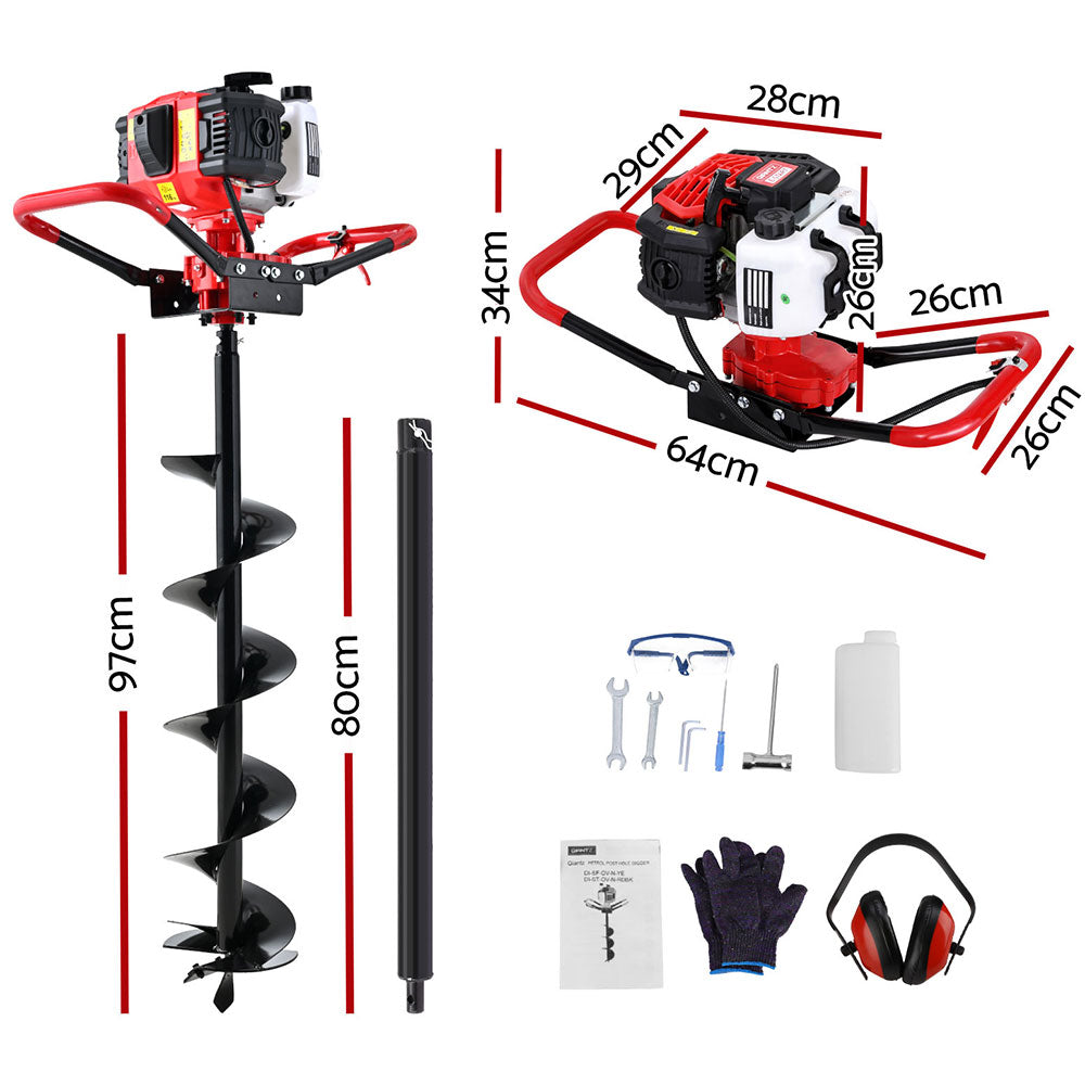 Giantz 65CC Post Hole Digger 200mm Petrol Drill Auger Extension Bits Giantz