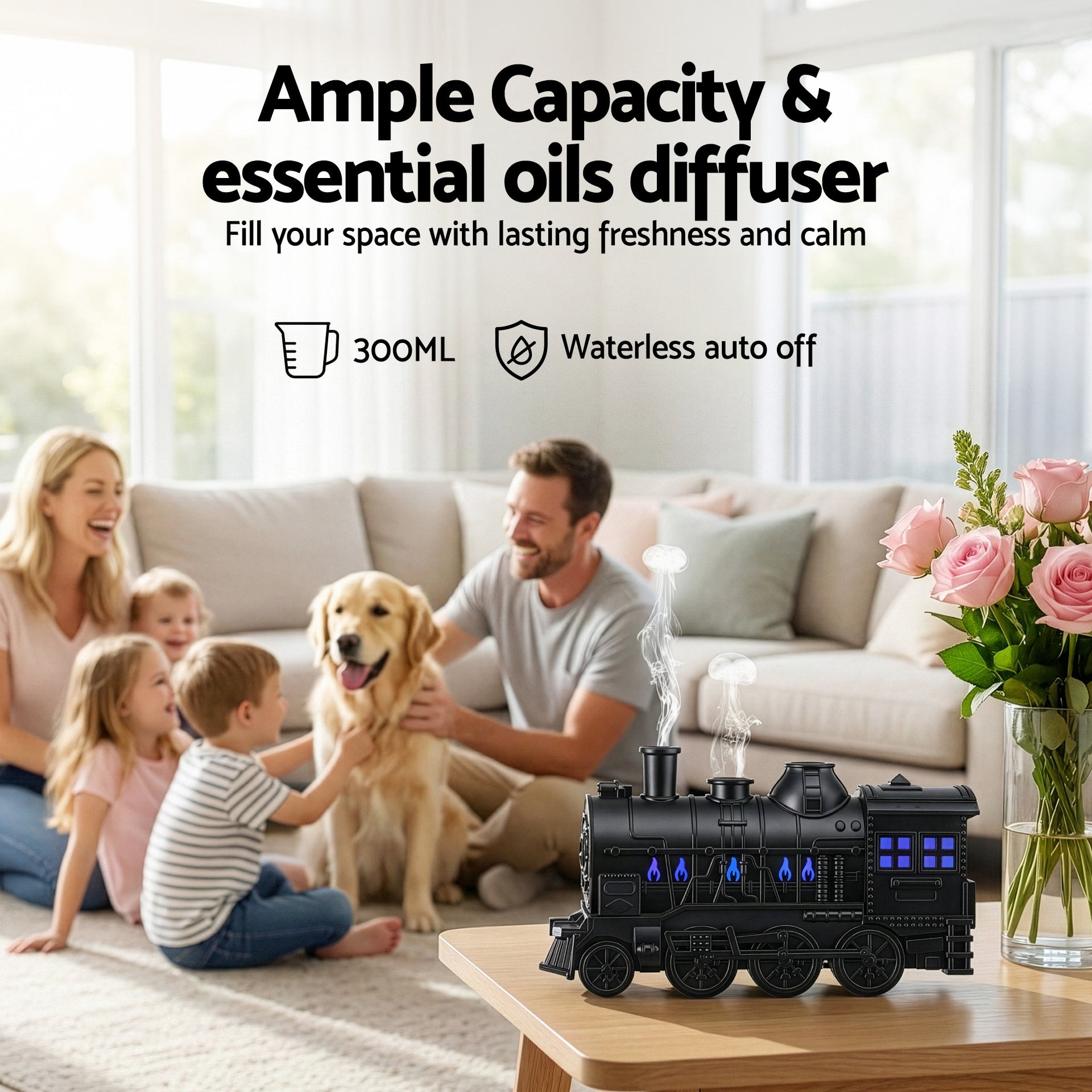 Devanti Train Aroma Diffuser Essential Oil Humidifier 300ml Smoke Ring LED Timer Awezingly