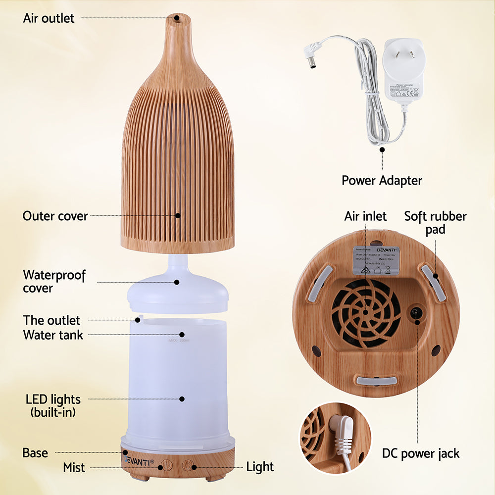 Devanti Ultrasonic Aroma Diffuser Aromatherapy 200ml LED Lights Iron Humidifier Forest Light wood grain Awezingly