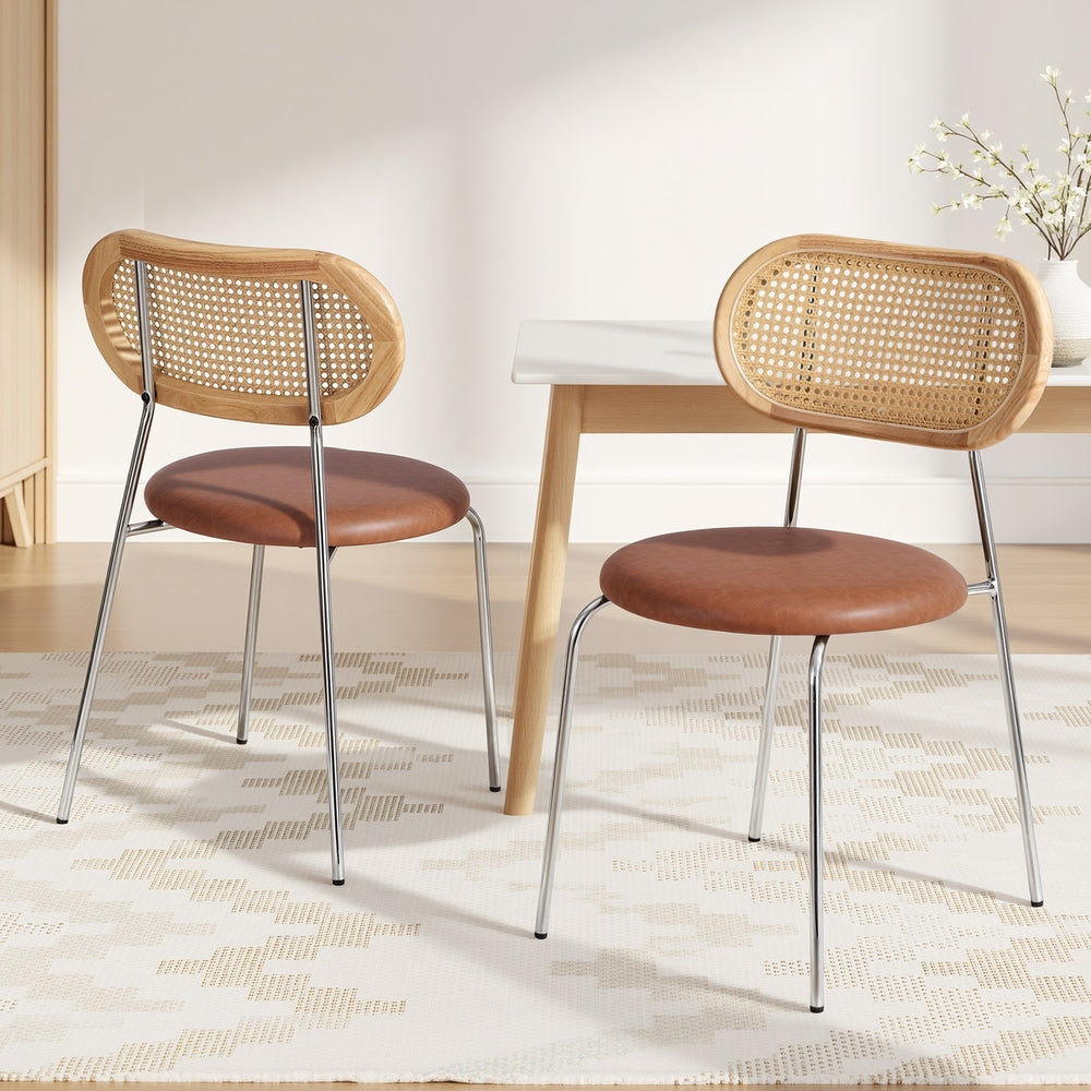 Artiss 2x Dining Chairs PU Leather Rattan Kitchen Lounge Cafe Accent Chair Brown Artiss