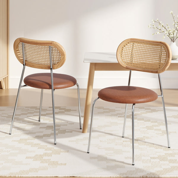 Artiss 2x Dining Chairs PU Leather Rattan Kitchen Lounge Cafe Accent Chair Brown Artiss