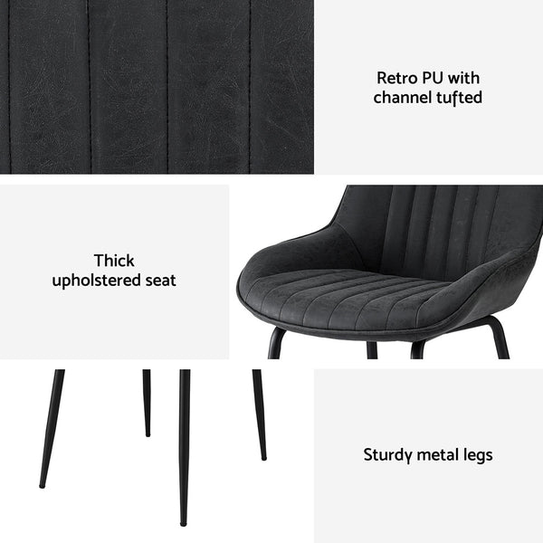 Artiss 2x Dining Chairs Retro PU Leather Kitchen Lounge Cafe Accent Chair Black Awezingly