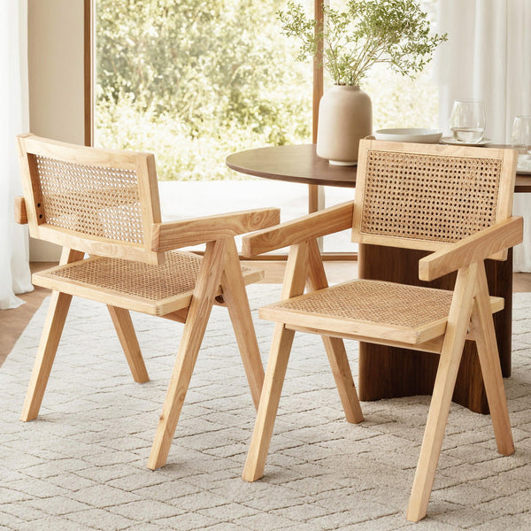 Artiss 2x Dining Chairs Wooden Rattan Seat Rubber Wood Frame Awezingly
