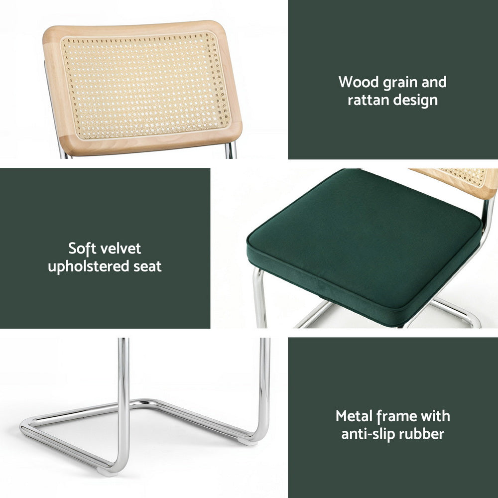 Artiss Dining Chairs Set of 2 Velvet Rattan Cantilever Green Artiss