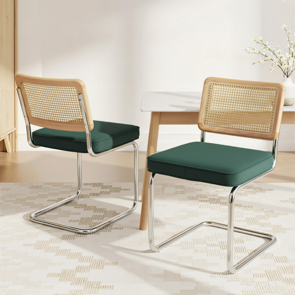 Artiss Dining Chairs Set of 2 Velvet Rattan Cantilever Green Artiss