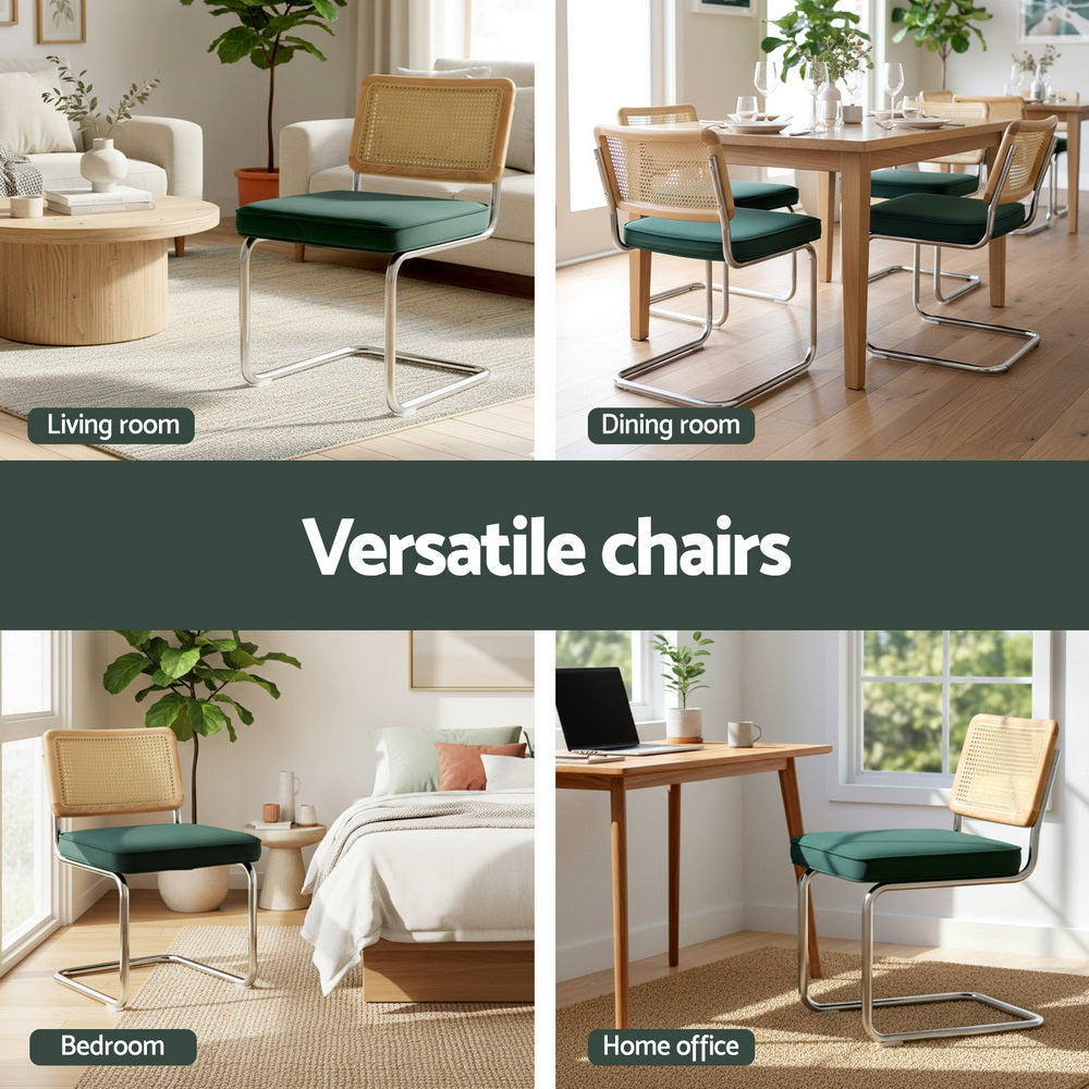 Artiss Dining Chairs Set of 4 Velvet Rattan Cantilever Green Artiss
