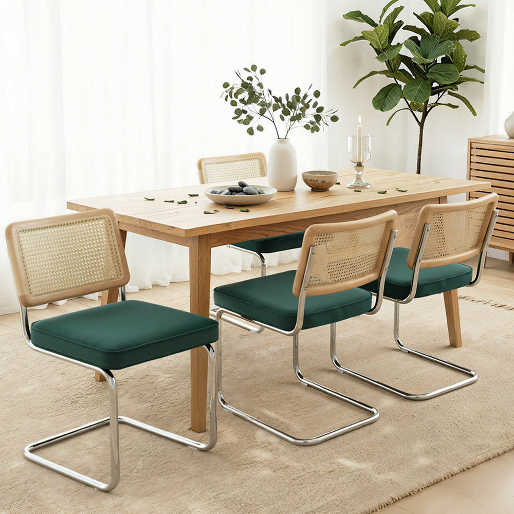 Artiss Dining Chairs Set of 4 Velvet Rattan Cantilever Green Artiss