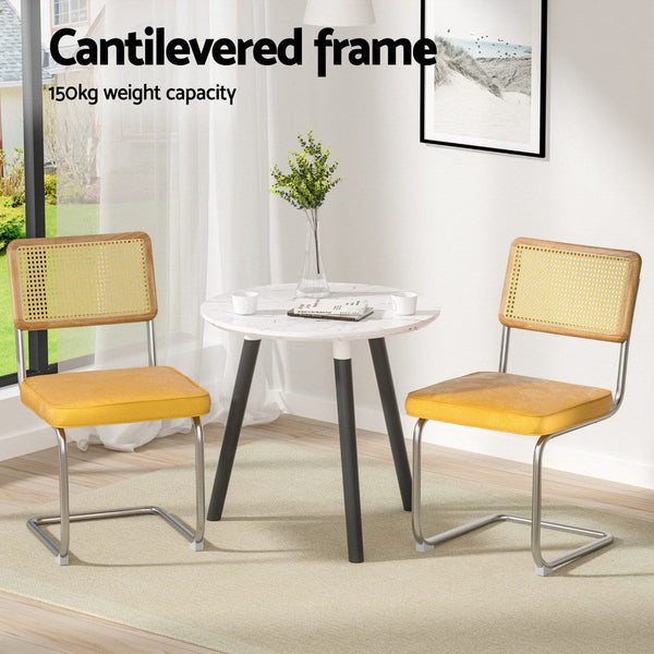 Artiss Dining Chairs Set of 4 Velvet Rattan Cantilever Yellow Artiss