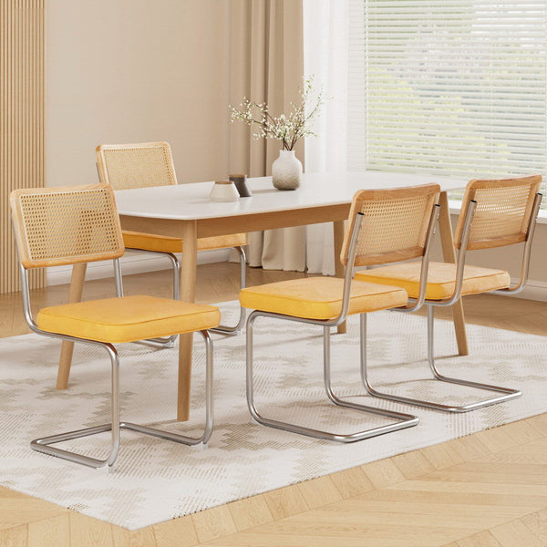 Artiss Dining Chairs Set of 4 Velvet Rattan Cantilever Yellow Artiss