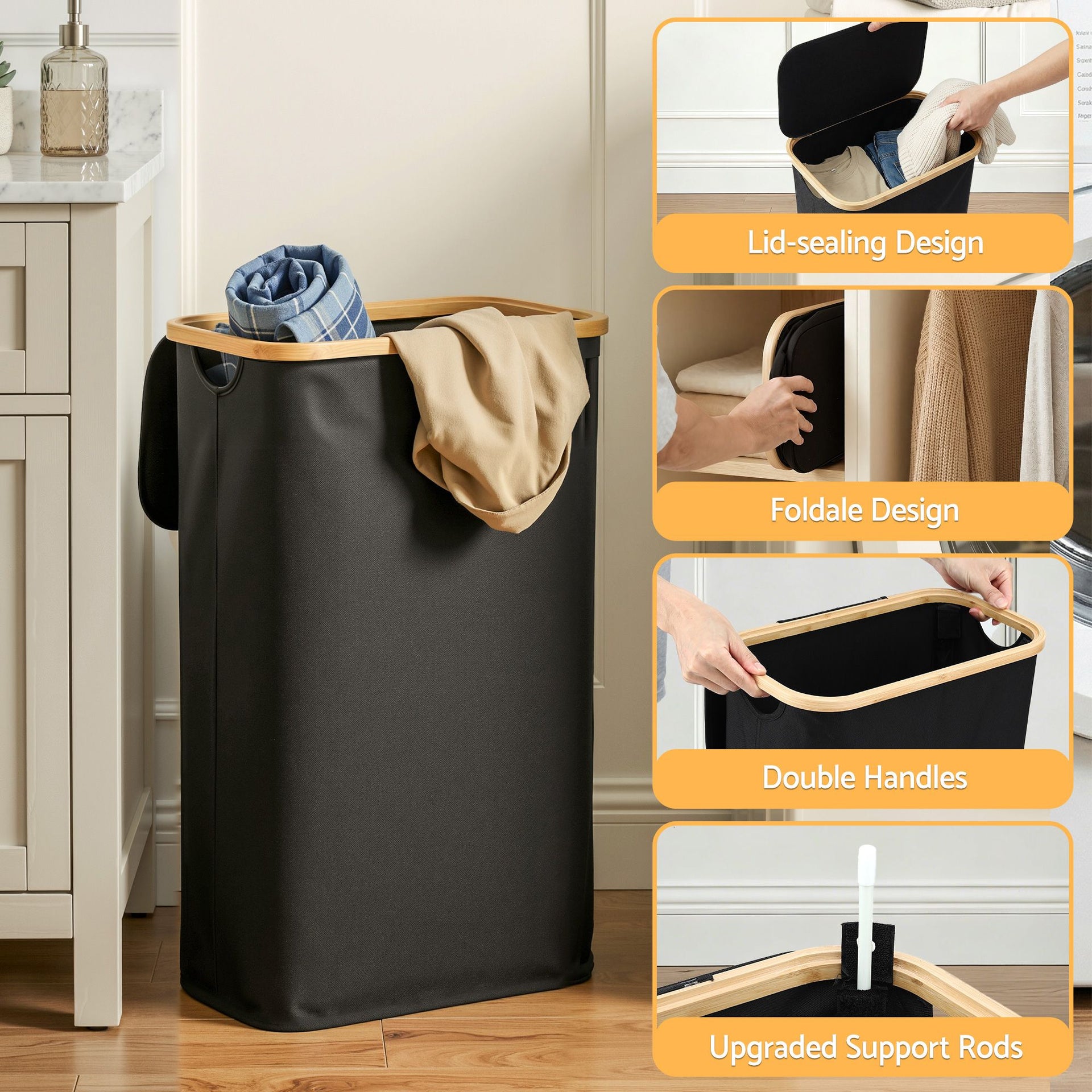 Artiss Laundry Basket with Removable Bag Foldable Black Awezingly