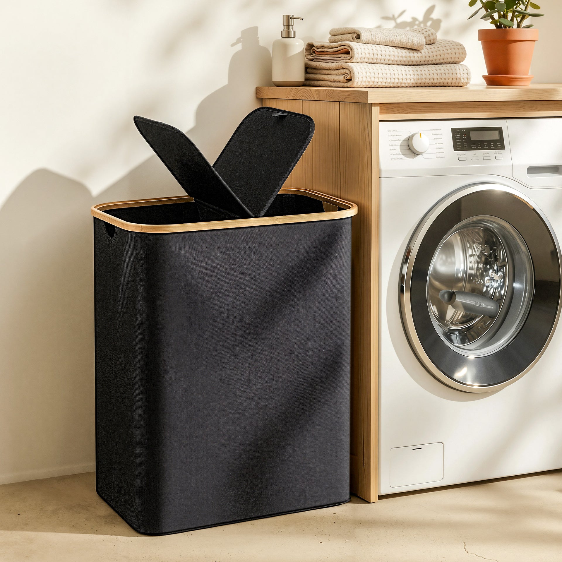 Artiss 2 Sections Laundry Basket with Removable Bags Foldable Black Awezingly