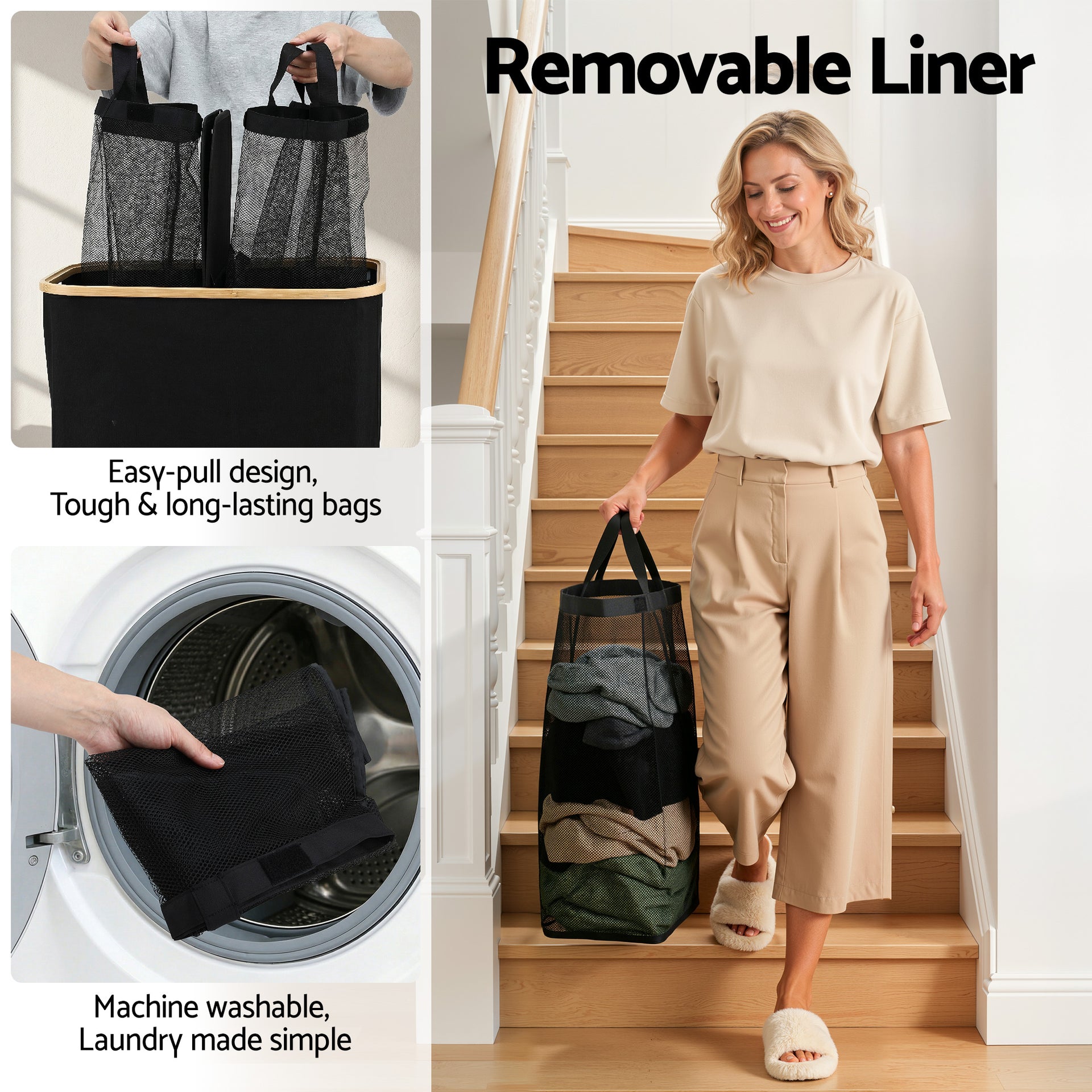 Artiss 2 Sections Laundry Basket with Removable Bags Foldable Black Awezingly