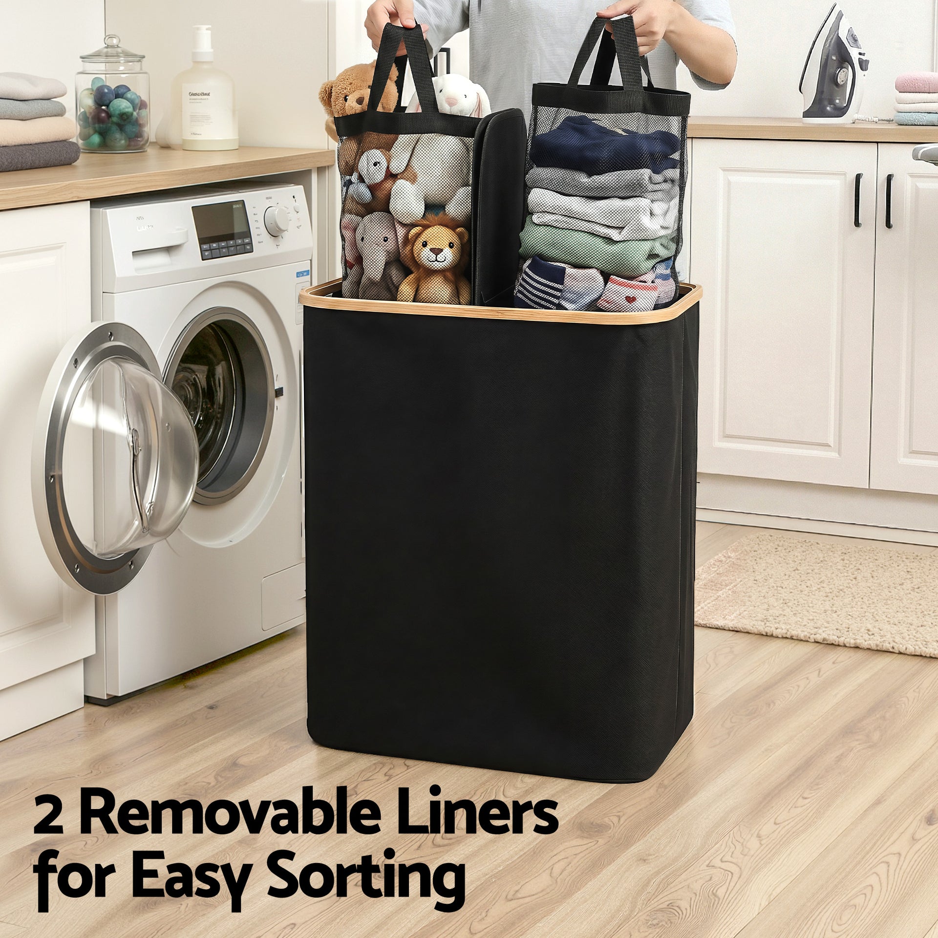 Artiss 2 Sections Laundry Basket with Removable Bags Foldable Black Awezingly