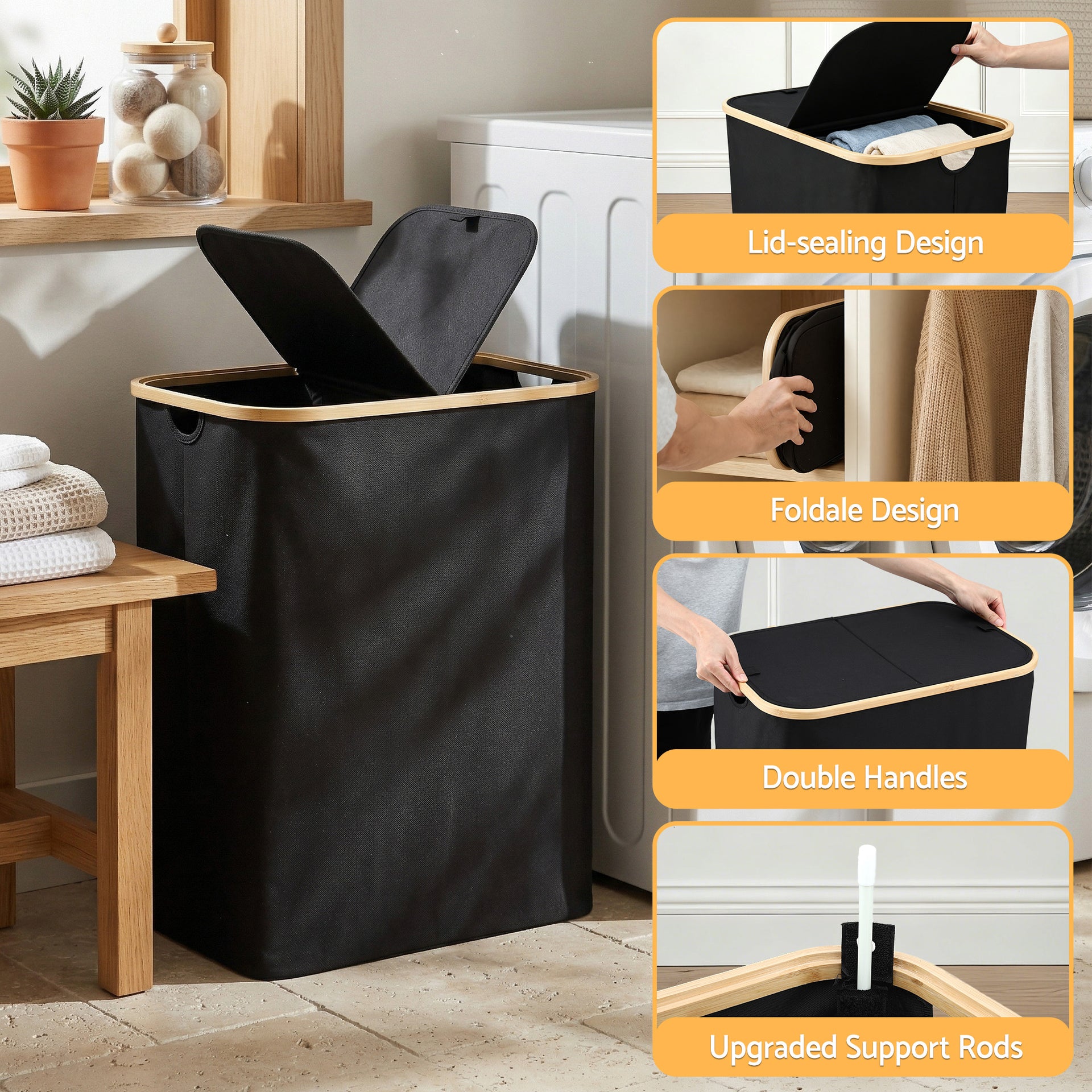 Artiss 2 Sections Laundry Basket with Removable Bags Foldable Black Awezingly