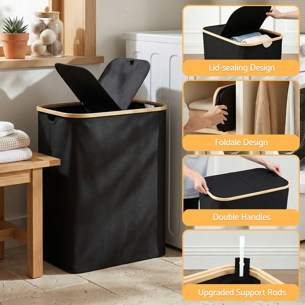 Artiss 2 Sections Laundry Basket with Removable Bags Foldable Black Awezingly