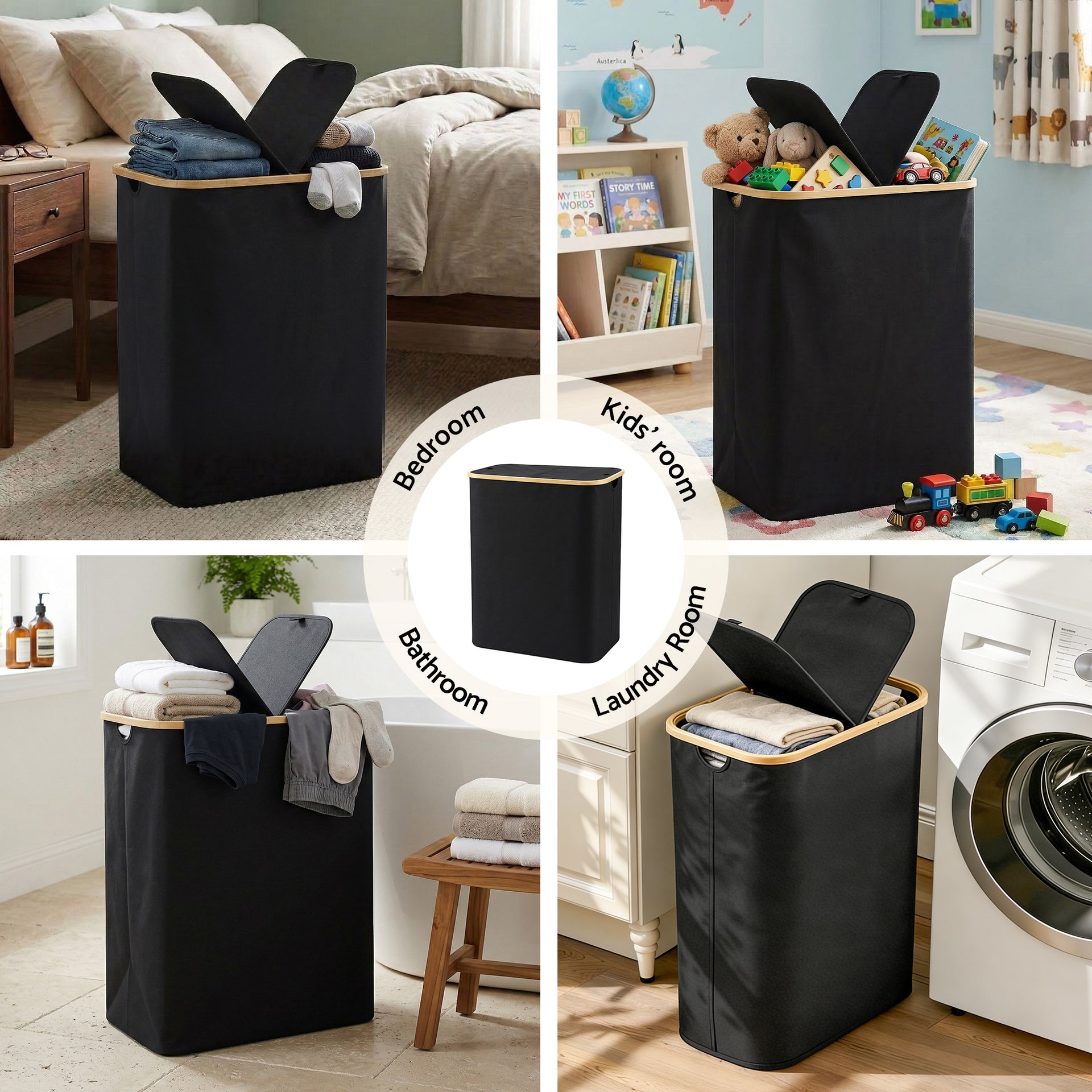 Artiss 2 Sections Laundry Basket with Removable Bags Foldable Black Awezingly