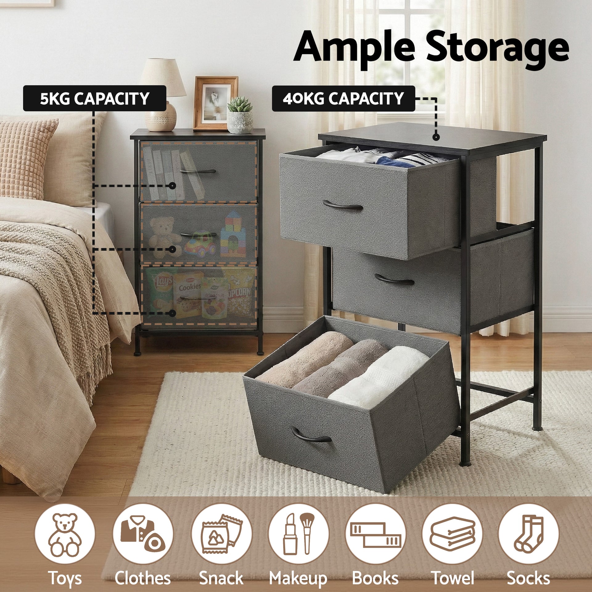 Artiss Set of 2 Chest of 3 Drawers Storage Dresser Tallboy Grey Awezingly