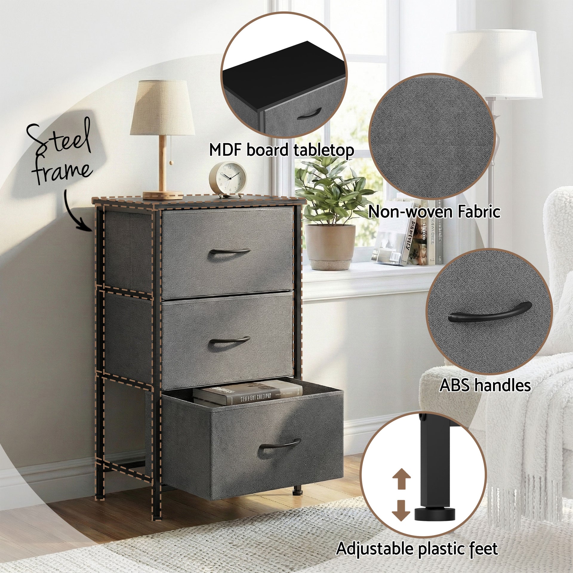 Artiss Set of 2 Chest of 3 Drawers Storage Dresser Tallboy Grey Awezingly