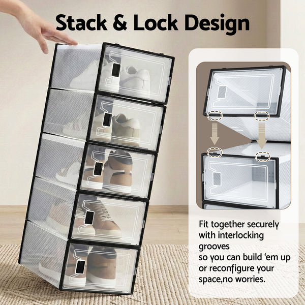 Artiss Shoe Storage Box DIY Set of 12 Stackable Black Awezingly