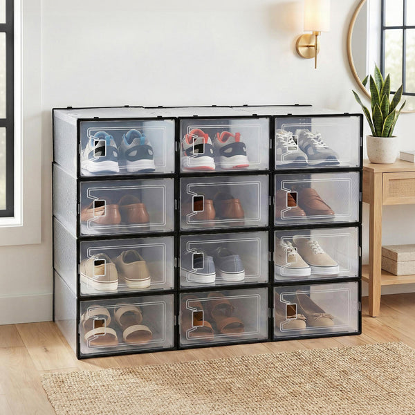 Artiss Shoe Storage Box DIY Set of 12 Stackable Black Awezingly