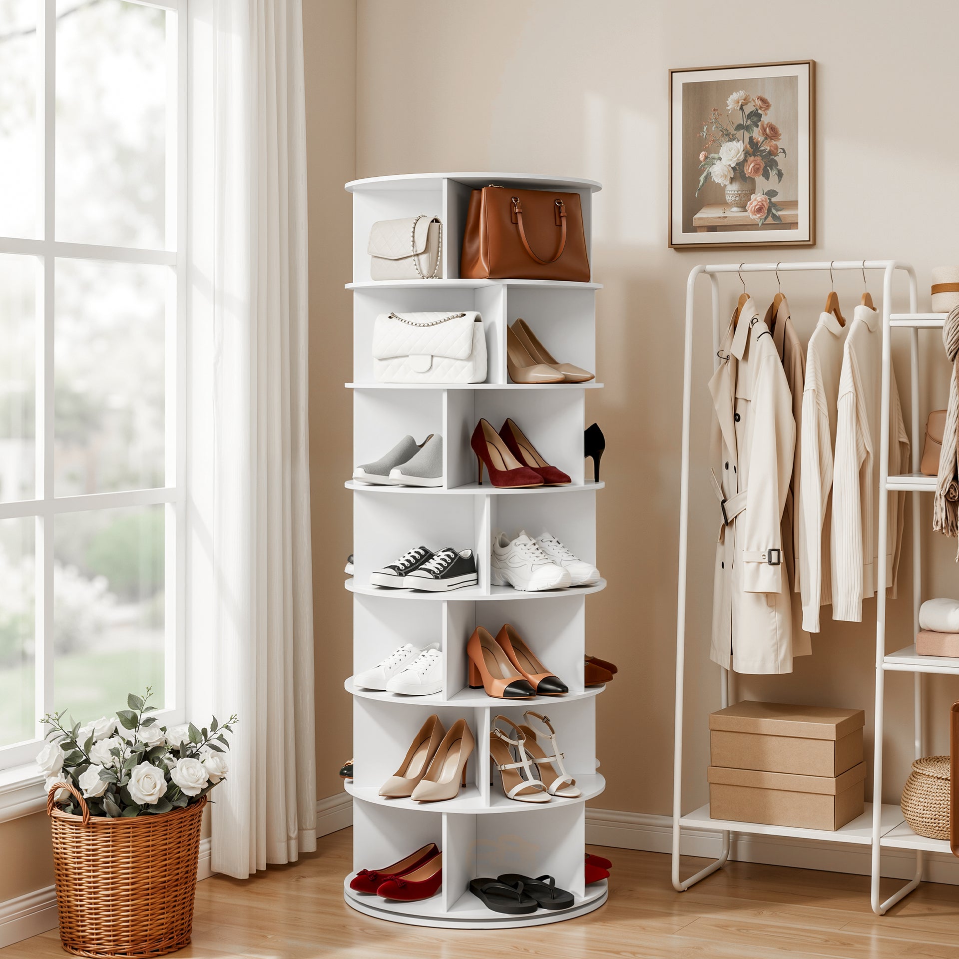 Artiss 7 Tier 360° Rotating Shoe Rack Storage Display Shelf White Awezingly