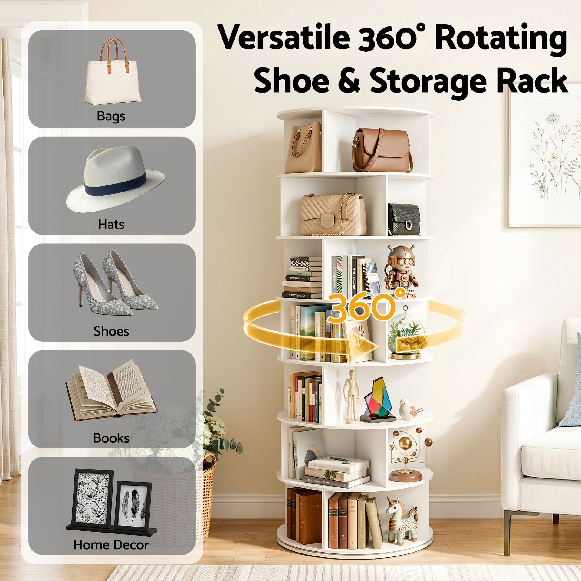 Artiss 7 Tier 360° Rotating Shoe Rack Storage Display Shelf White Awezingly
