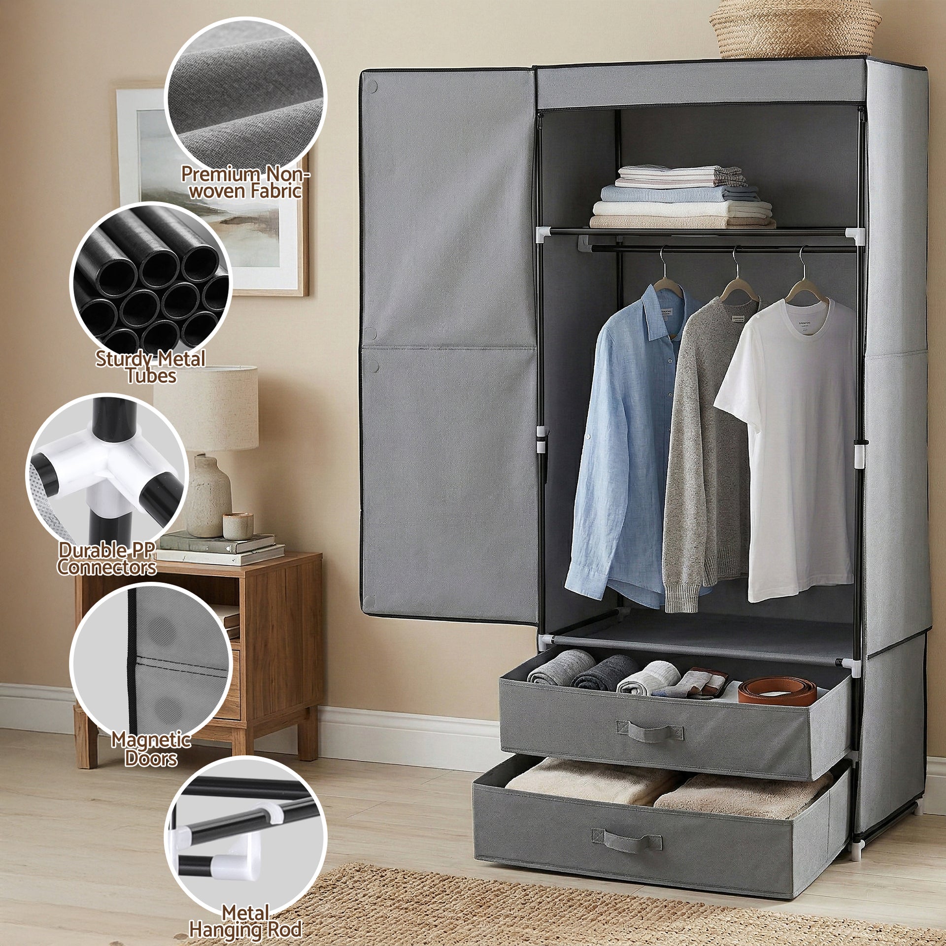 Artiss Large Portable Clothes Closet Wardrobe with Magnetic Door Grey Awezingly