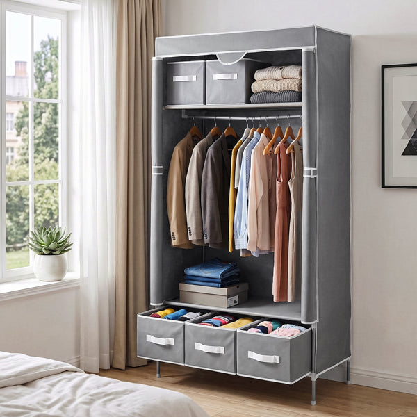 Artiss Large Portable Clothes Closet Wardrobe with Tiebacks Grey Awezingly