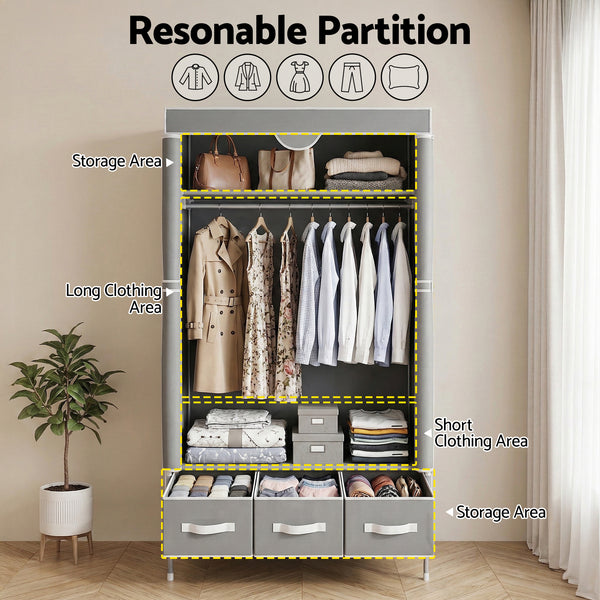 Artiss Large Portable Clothes Closet Wardrobe with Tiebacks Grey Awezingly