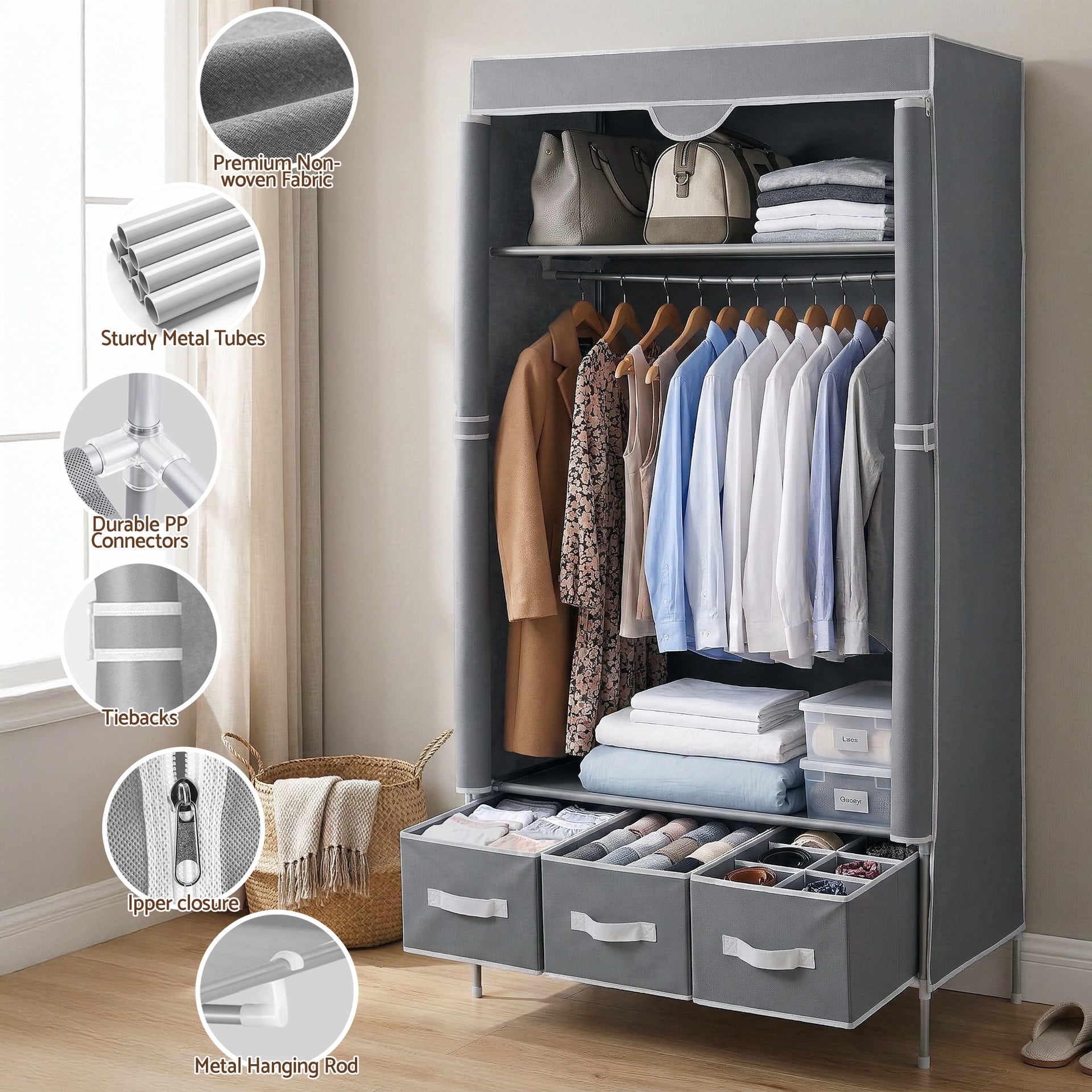 Artiss Large Portable Clothes Closet Wardrobe with Tiebacks Grey Awezingly