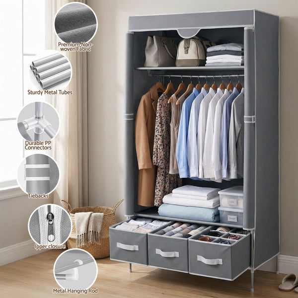 Artiss Large Portable Clothes Closet Wardrobe with Tiebacks Grey Awezingly