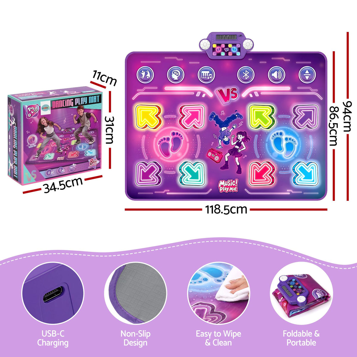 Keezi Double Player Dance Mat for Kid Rechargeable Electronic Dance Game Pad with Bluetooth, 4 Modes Awezingly
