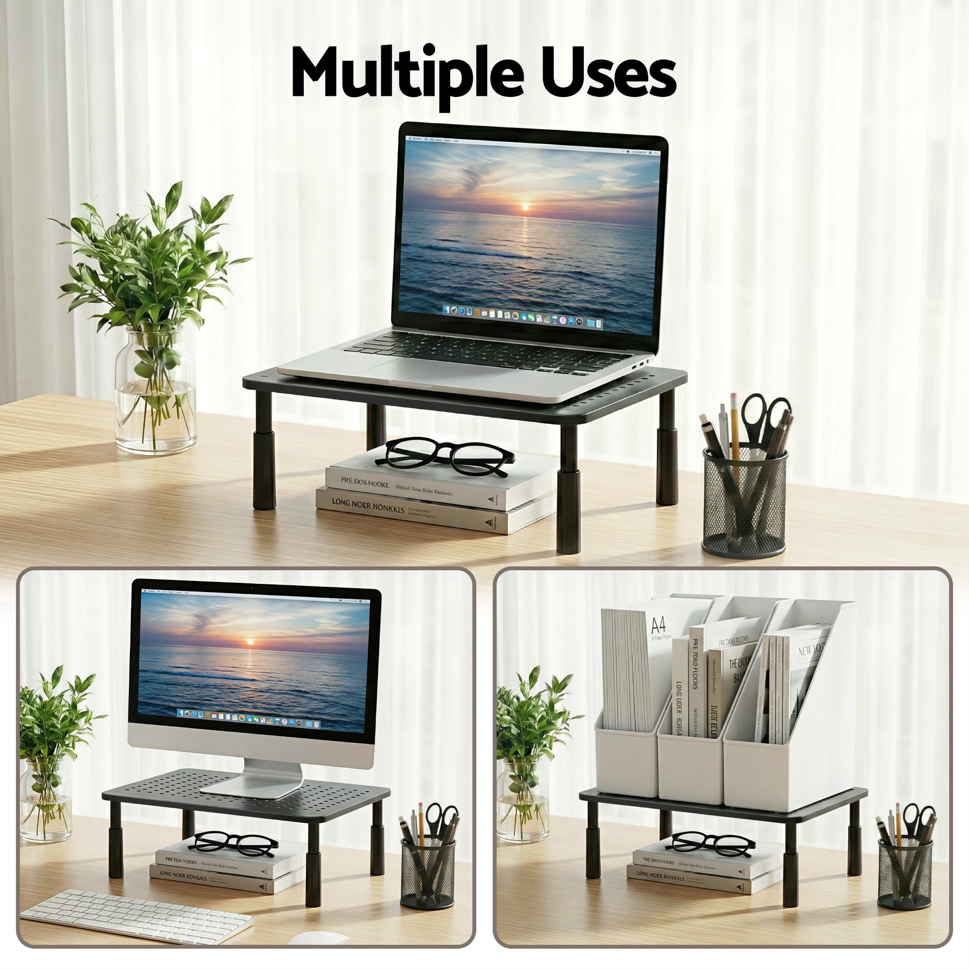 Artiss Monitor Stand Adjustable Riser For Computer Monitor And Laptop 3 Height Desk Organizer Black Artiss