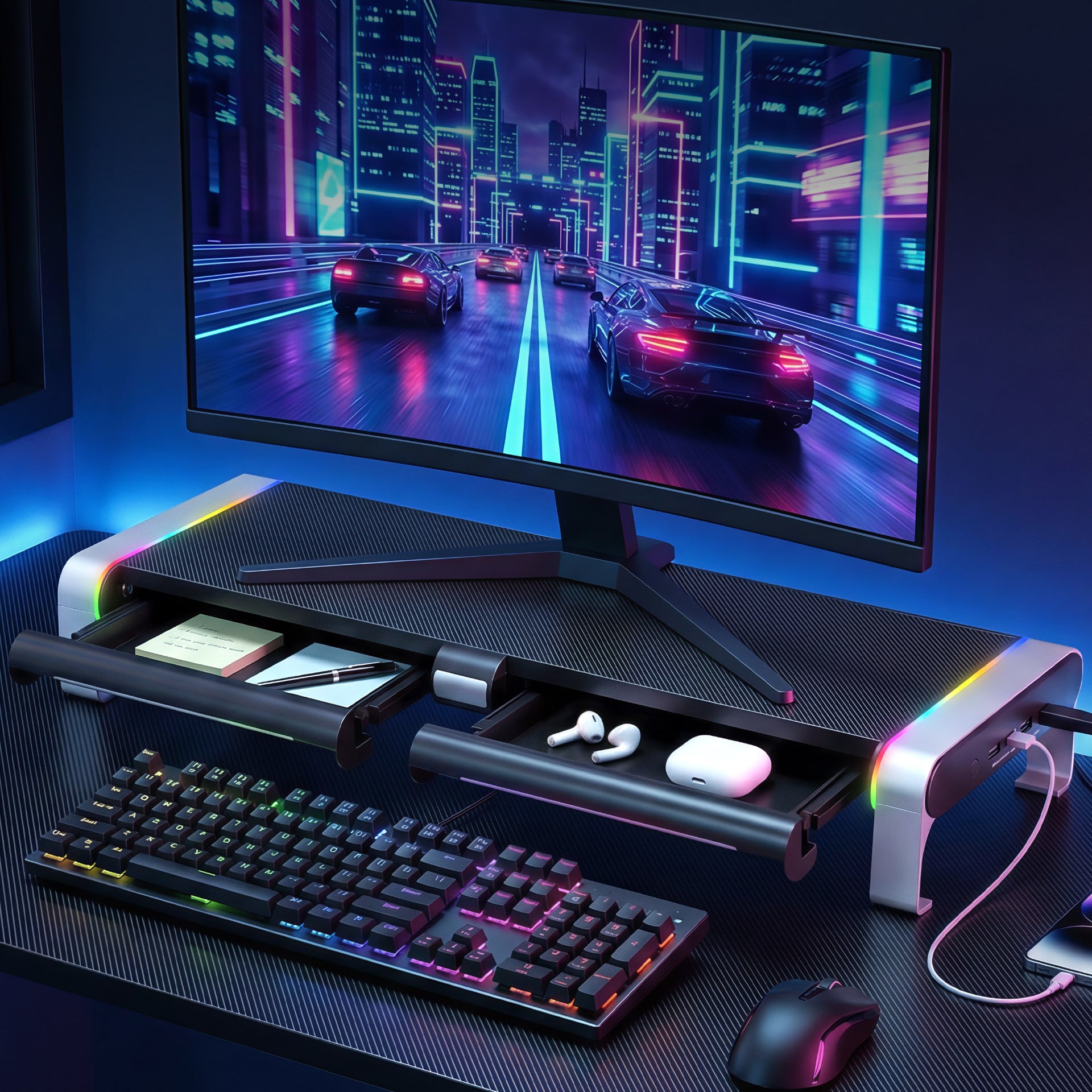 Artiss RGB Monitor Stand with USB Hub Desk Organiser Charging Stand Computer Stand Black Artiss