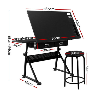 Artiss Drawing Desk Stool Set Drafting Table Adjustable Angle Tilt Drawers Black