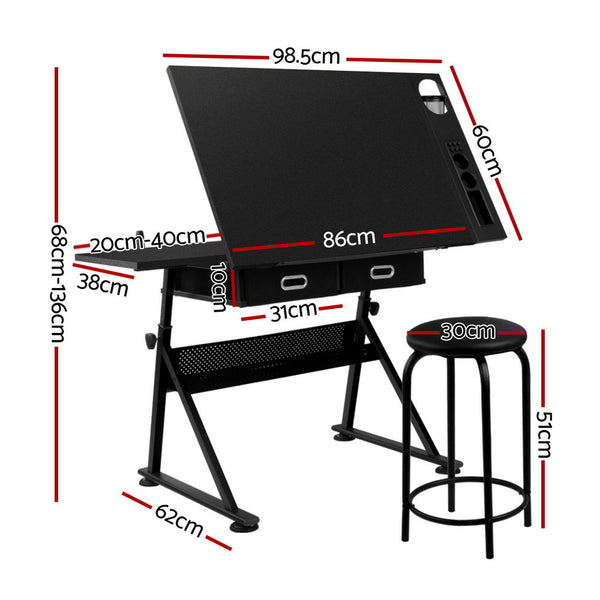 Artiss Drawing Desk Stool Set Drafting Table Adjustable Angle Tilt Drawers Black Awezingly