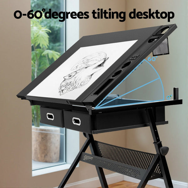 Artiss Drawing Desk Stool Set Drafting Table Adjustable Angle Tilt Drawers Black Awezingly
