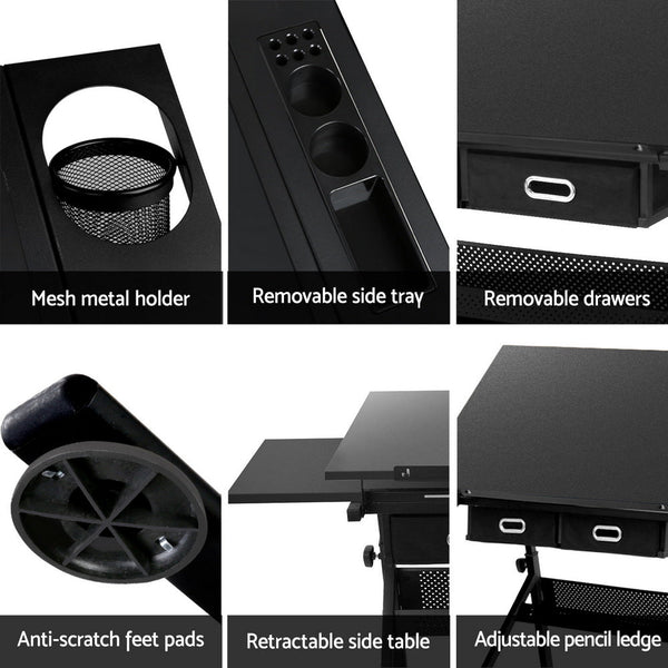 Artiss Drawing Desk Stool Set Drafting Table Adjustable Angle Tilt Drawers Black Awezingly