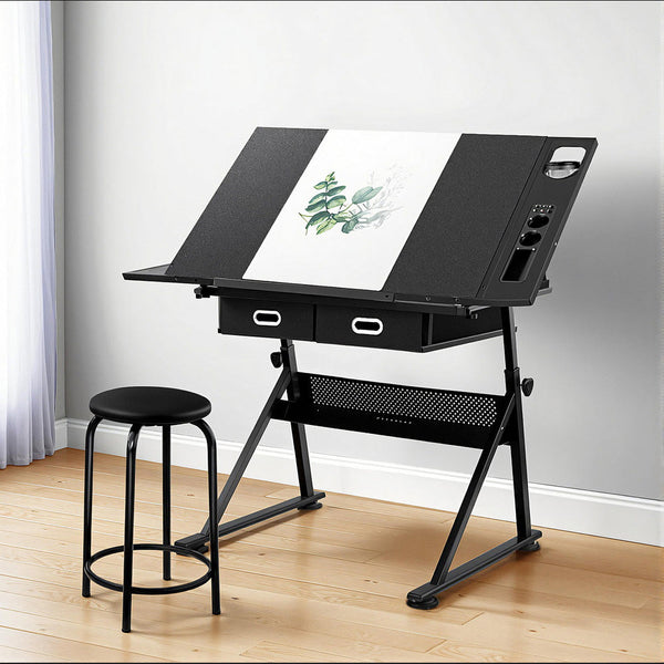 Artiss Drawing Desk Stool Set Drafting Table Adjustable Angle Tilt Drawers Black Awezingly