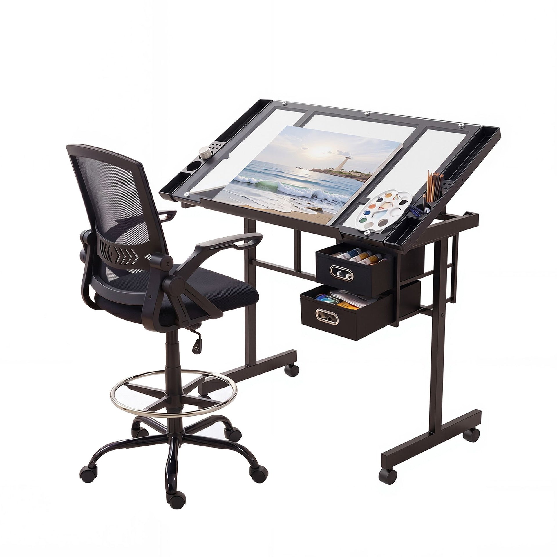 Artiss Drawing Table with Ergonomic Office Chair, Drafting Tables with Tempered Glass Desktop, Removable Drawers, Drafting Stool with Height Adjustable for Artwork Painting Studio Artiss
