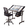 Artiss Drawing Table with Ergonomic Office Chair, Drafting Tables with Tempered Glass Desktop, Removable Drawers, Drafting Stool with Height Adjustable for Artwork Painting Studio