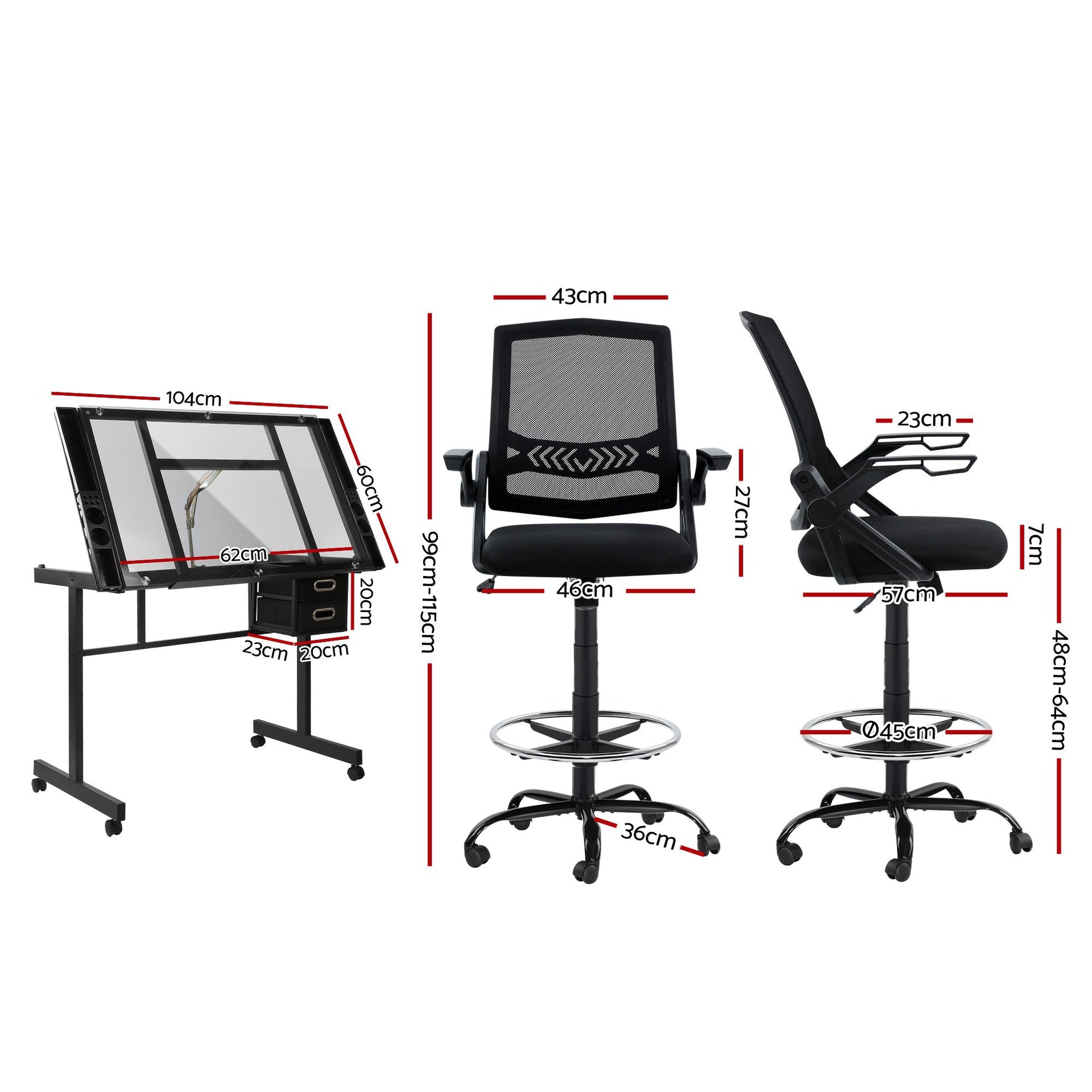 Artiss Drawing Table with Ergonomic Office Chair, Drafting Tables with Tempered Glass Desktop, Removable Drawers, Drafting Stool with Height Adjustable for Artwork Painting Studio Artiss