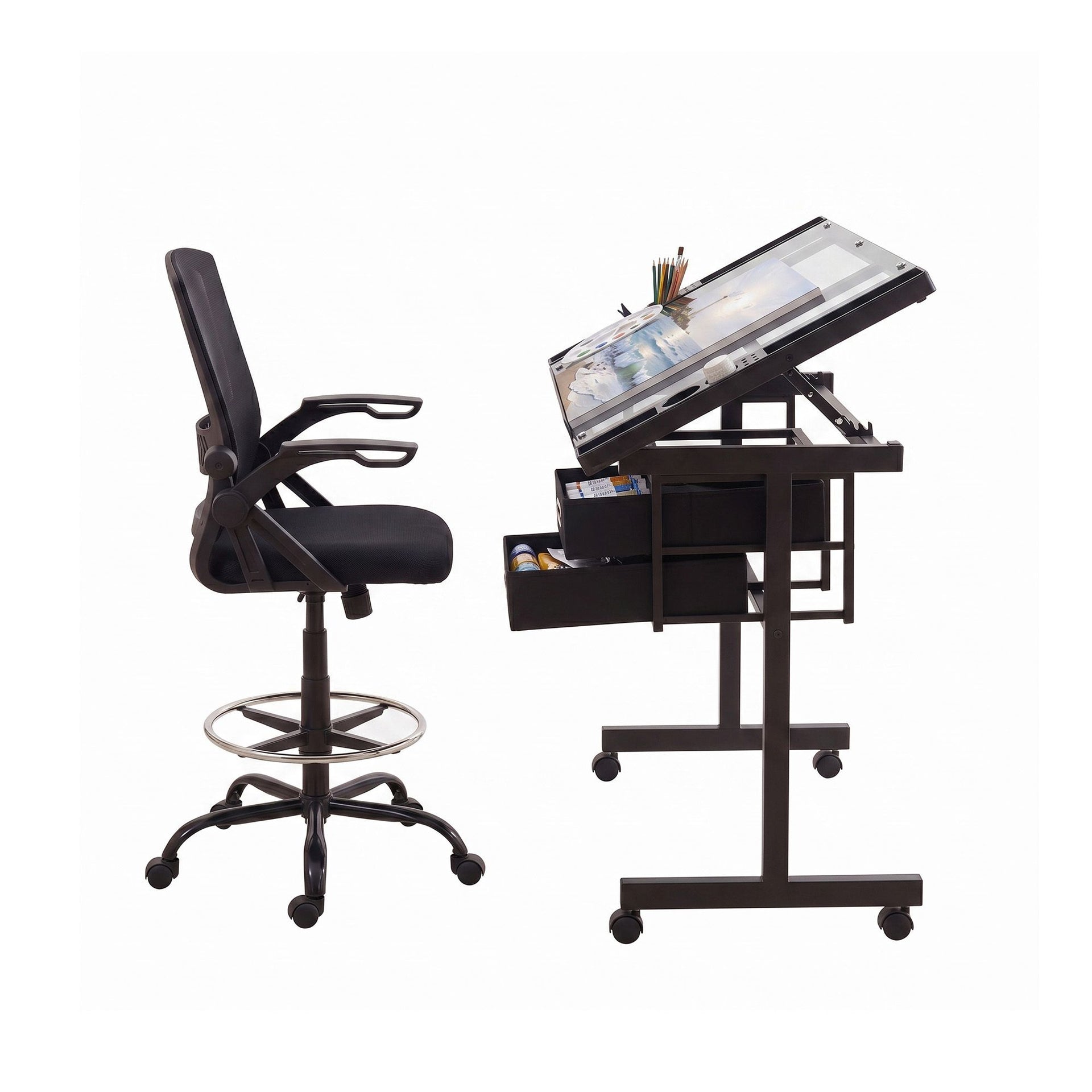 Artiss Drawing Table with Ergonomic Office Chair, Drafting Tables with Tempered Glass Desktop, Removable Drawers, Drafting Stool with Height Adjustable for Artwork Painting Studio Artiss