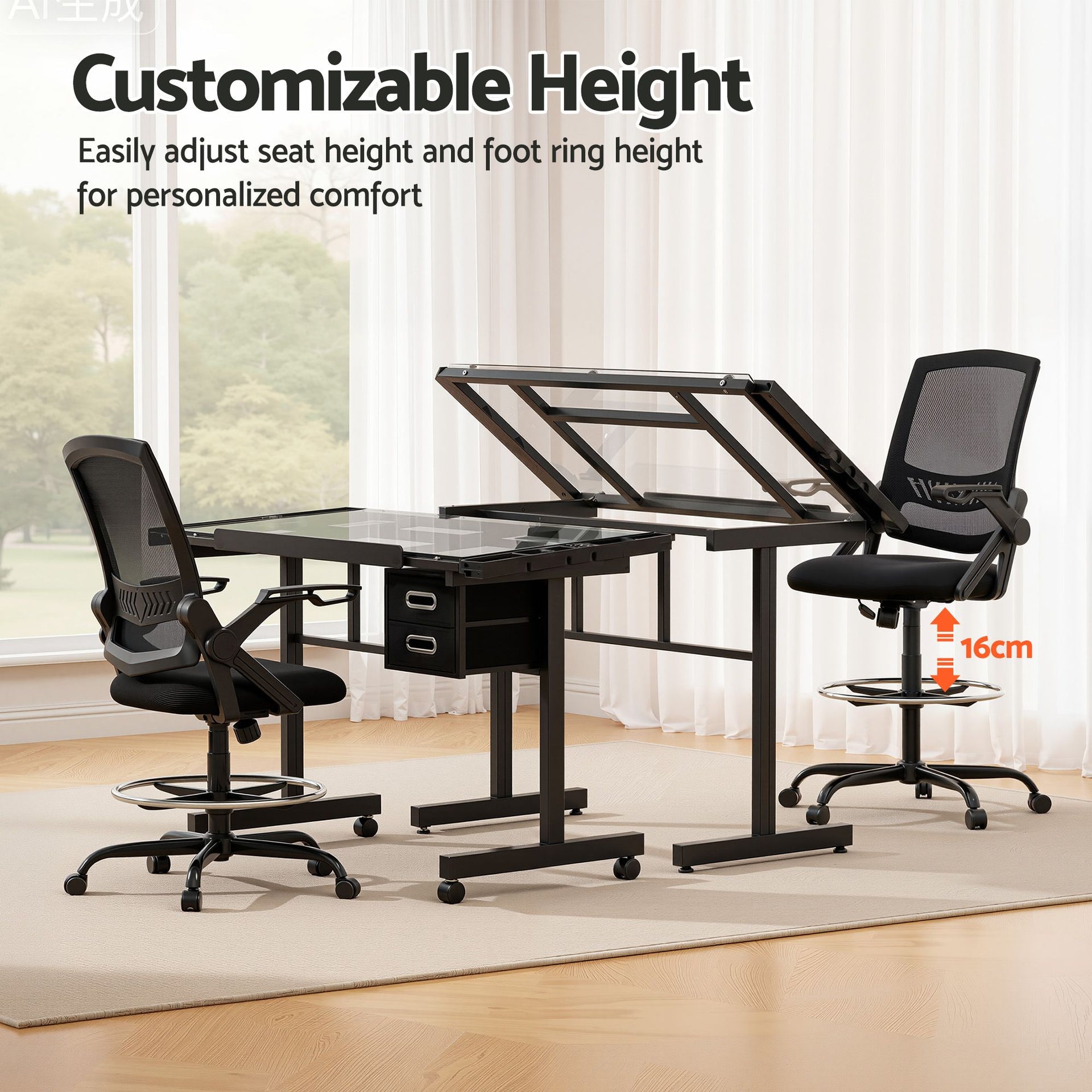 Artiss Drawing Table with Ergonomic Office Chair, Drafting Tables with Tempered Glass Desktop, Removable Drawers, Drafting Stool with Height Adjustable for Artwork Painting Studio Artiss