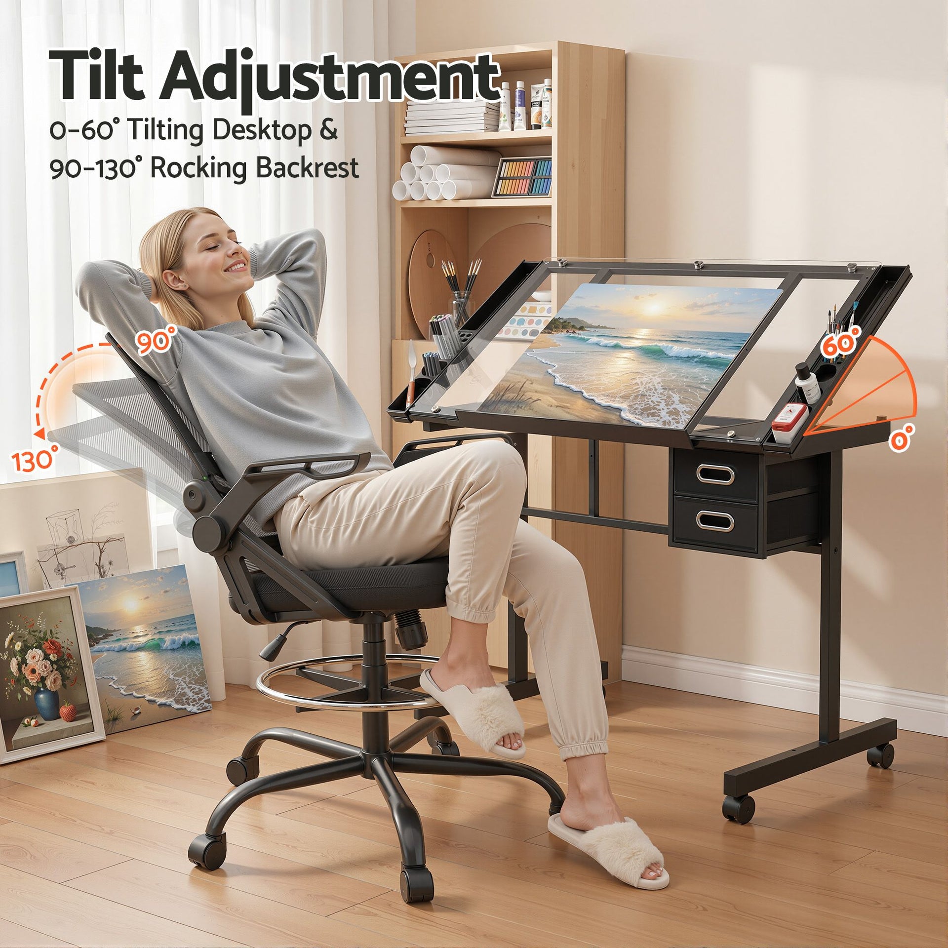 Artiss Drawing Table with Ergonomic Office Chair, Drafting Tables with Tempered Glass Desktop, Removable Drawers, Drafting Stool with Height Adjustable for Artwork Painting Studio Artiss