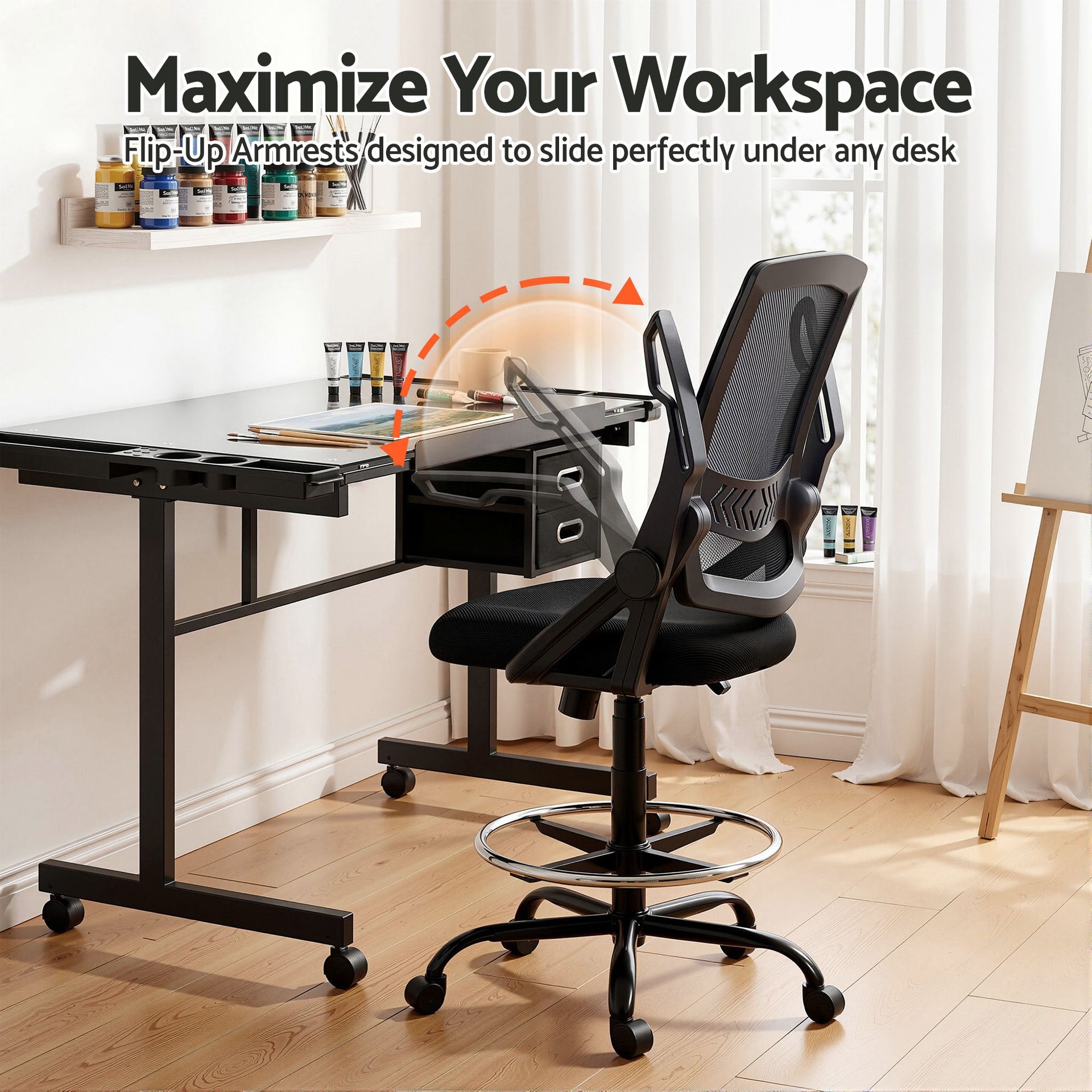 Artiss Drawing Table with Ergonomic Office Chair, Drafting Tables with Tempered Glass Desktop, Removable Drawers, Drafting Stool with Height Adjustable for Artwork Painting Studio Artiss