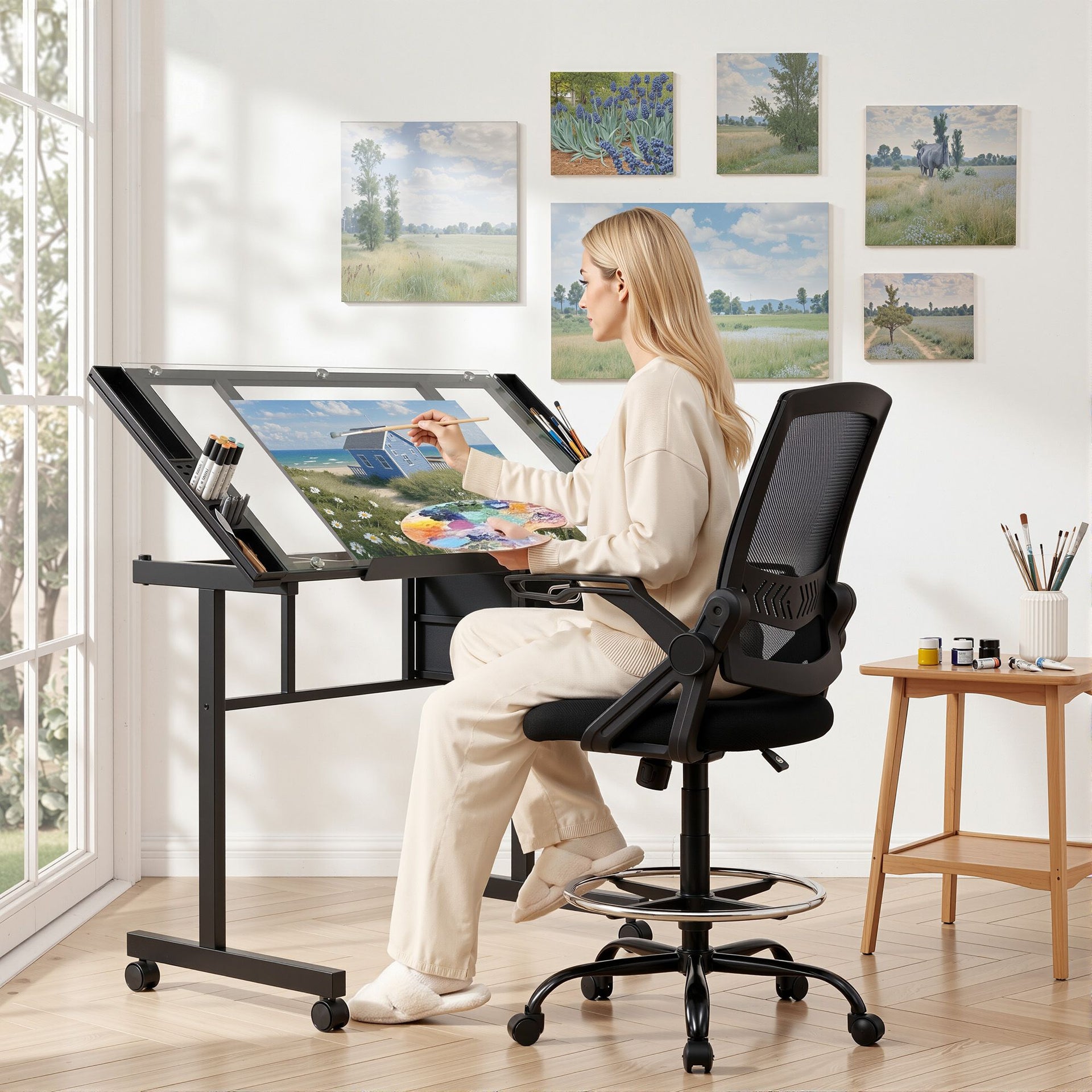 Artiss Drawing Table with Ergonomic Office Chair, Drafting Tables with Tempered Glass Desktop, Removable Drawers, Drafting Stool with Height Adjustable for Artwork Painting Studio Artiss