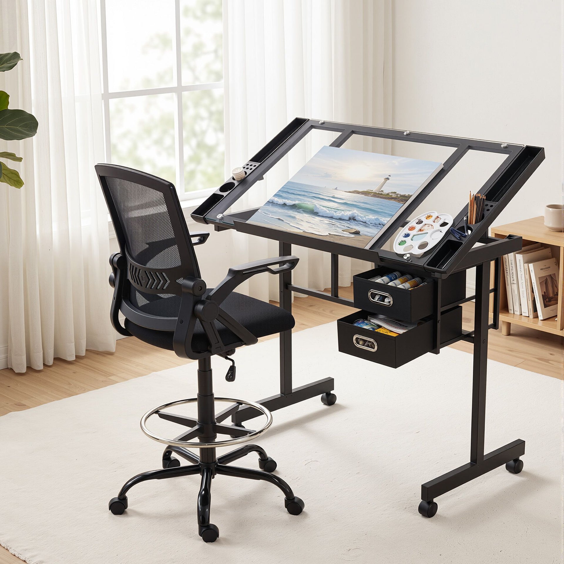 Artiss Drawing Table with Ergonomic Office Chair, Drafting Tables with Tempered Glass Desktop, Removable Drawers, Drafting Stool with Height Adjustable for Artwork Painting Studio Artiss