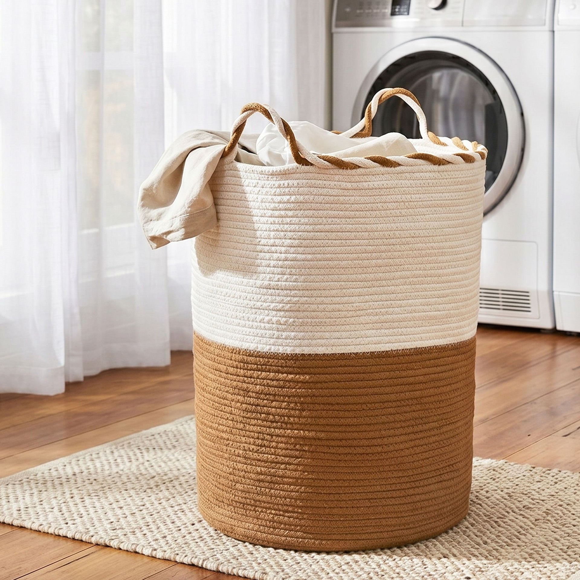 Artiss Woven Laundry Basket with handles Foldable White & Brown Awezingly